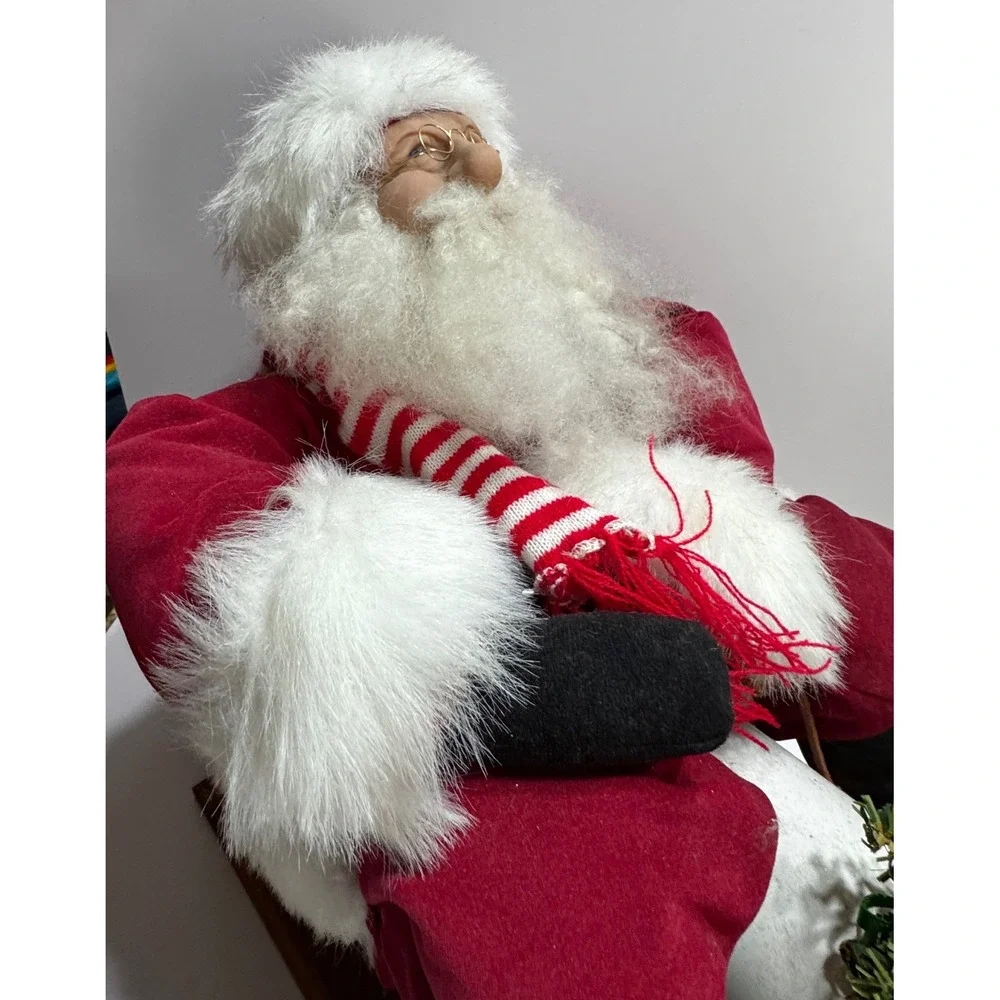 Lynda Hawley Downhill Sledding Santa Figurine Wood Base Large Vtg Puppy Mailbox